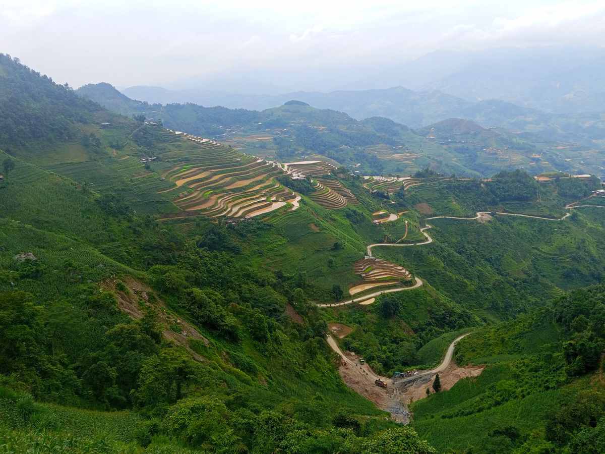 Campos de arroz en terrazas y carretera de montaña en Vietnam